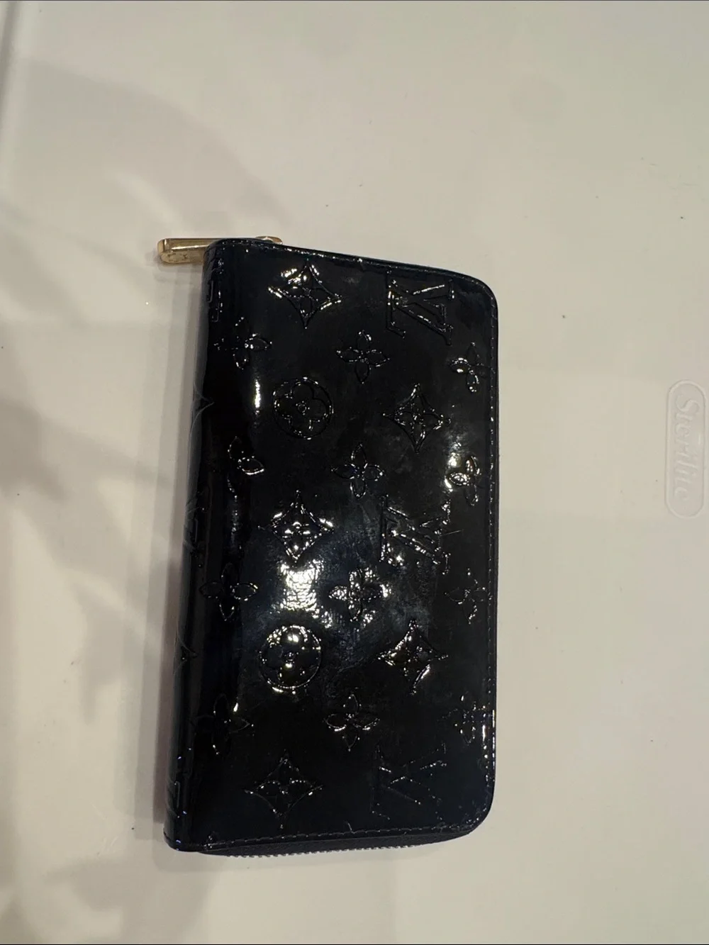 Louis Vuitton Black Patent Monogram Zip Wallet with Gold Hardware